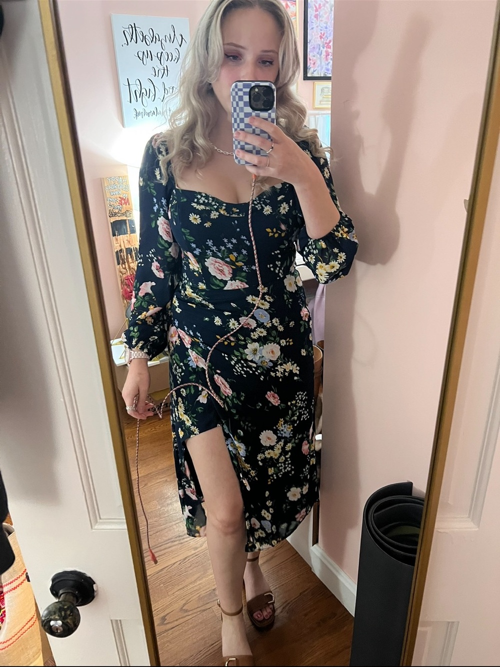 Abercrombie & Fitch Navy Floral Square-Neck Midi Dress